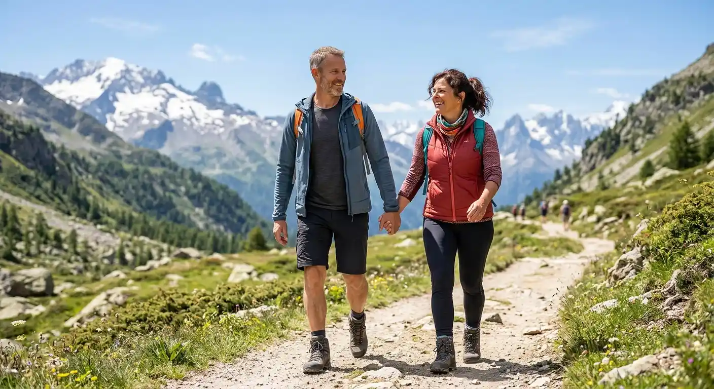 Coppia serena che fa trekking in montagna, immagine rappresentativa del caso studio sull'indipendenza finanziaria e l'ottimizzazione dei portafogli di Domenico e Laura.