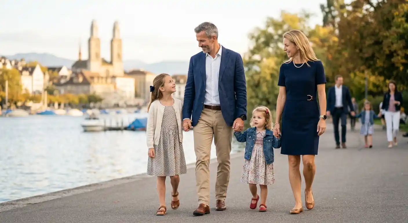 Famiglia sorridente con due bambine che passeggia vicino al lago, a rappresentare la serenità ottenuta grazie alla pianificazione patrimoniale e alla gestione del rischio professionale nel caso di Andrea e Clara.
