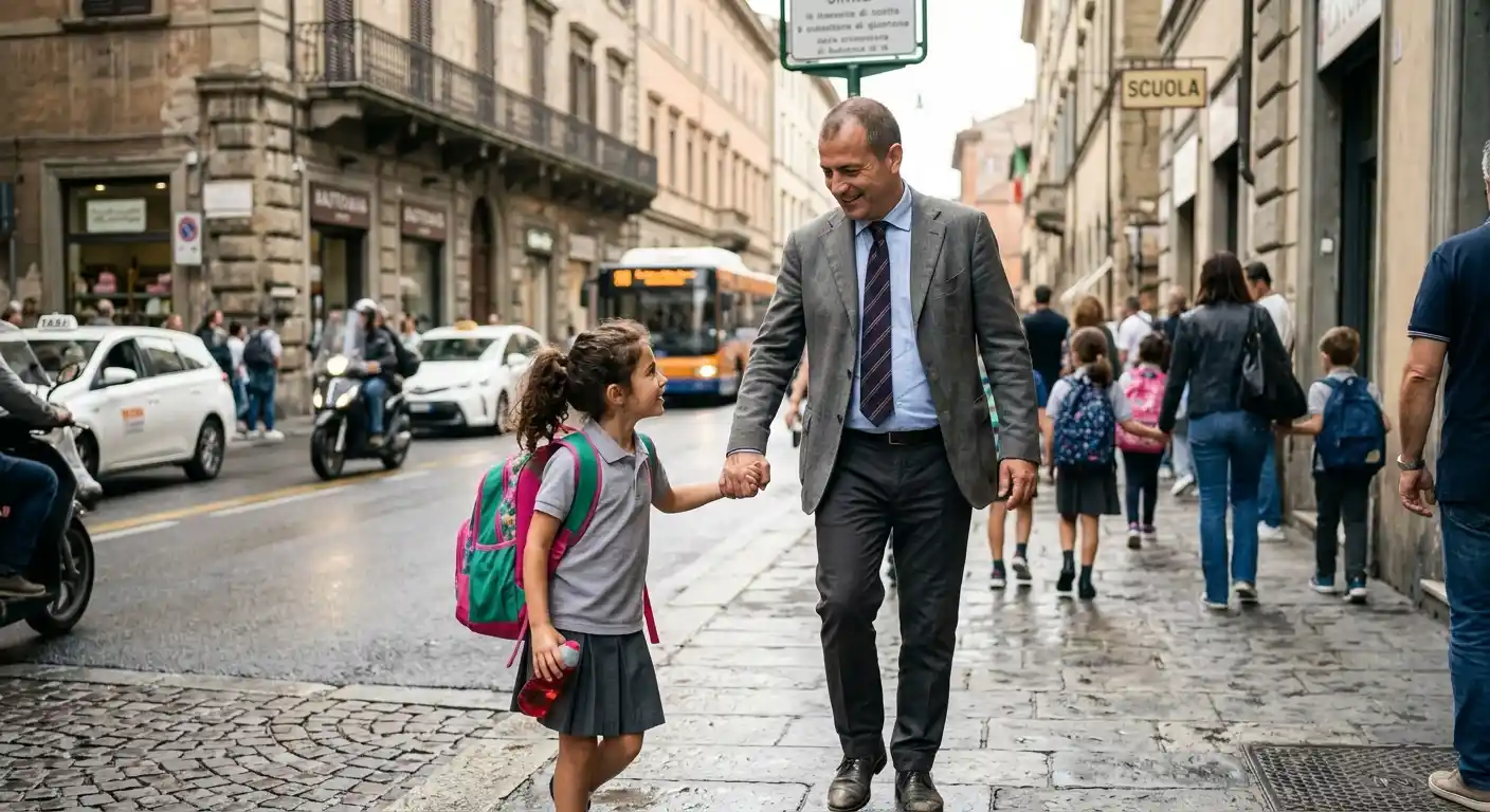 Padre manager in abito elegante che accompagna la figlia a scuola in città, a simboleggiare i vantaggi del rientro dei cervelli e dell'ottimizzazione fiscale nel caso di Sebastiano.