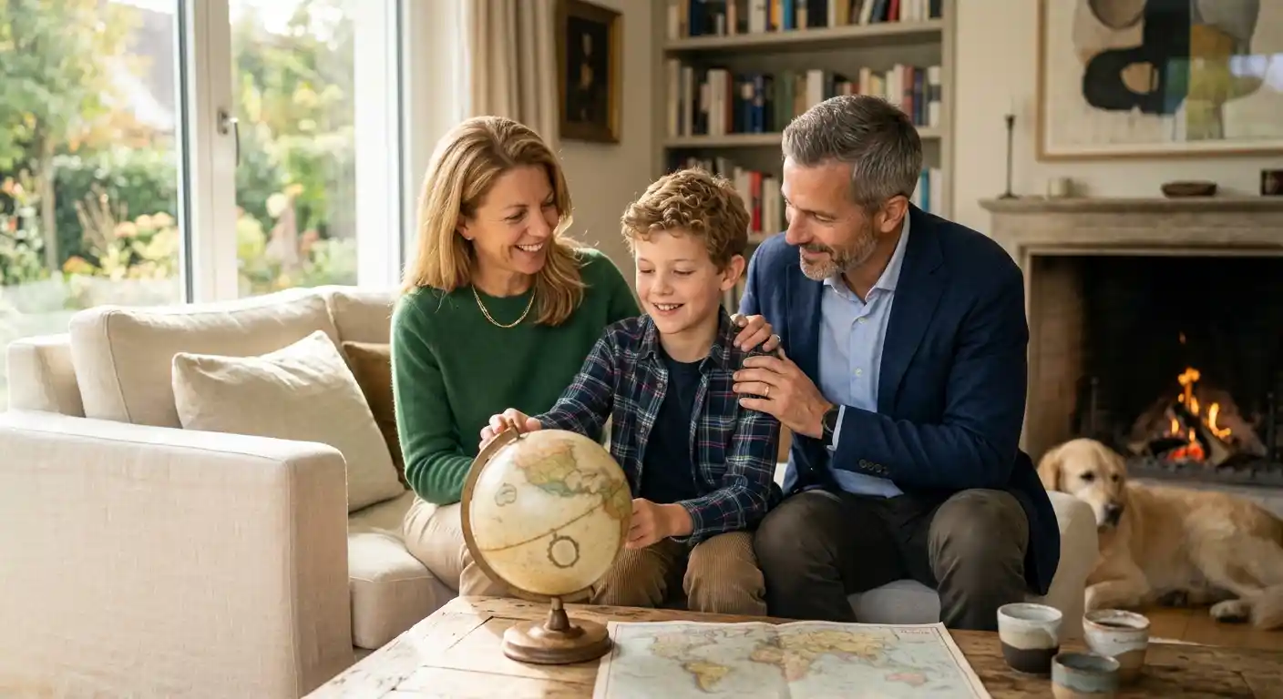Famiglia in salotto che pianifica il futuro guardando un mappamondo, immagine legata alle strategie work optional e all'uscita dal corporate per il caso studio del manager Luca.