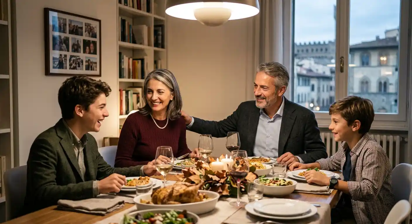 Famiglia sorridente riunita per una cena serena a casa, a rappresentare i traguardi raggiunti attraverso il wealth management e la pianificazione finanziaria per i medici Massimiliano e Benedetta.